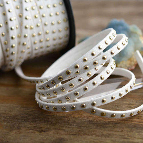 FAUX SUEDE CORD - WITH SILVER STUDS - FLAT - WHITE - 5mm - SOLD PER METER