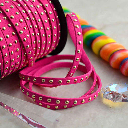 FAUX SUEDE CORD - WITH SILVER STUDS - FLAT - HOT PINK - 5mm - SOLD PER METER
