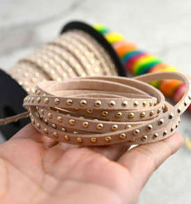 FAUX SUEDE CORD - WITH SILVER STUDS - FLAT - TAN - 5mm - SOLD PER METER