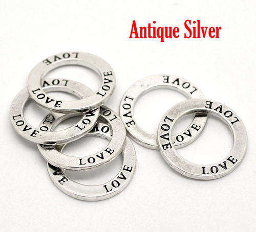 CONNECTORS - LINKING RINGS - ANTIQUE SILVER - DONUT - WITH ENGRAVED LETTERING - LOVE