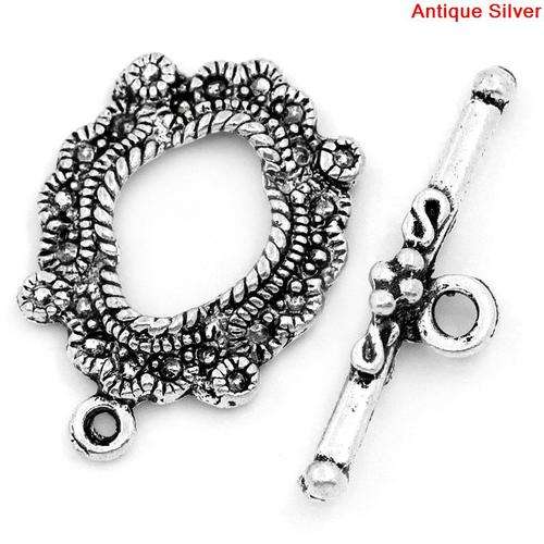 TOGGLE CLASPS - CARVED FLOWERS - OVAL - ANTIQUE SILVER - 24x17mm 26.5x7mm