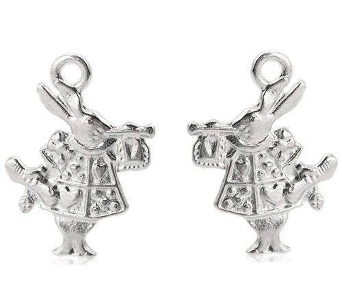 CHARMS - SILVER TONE - DOUBLE SIDED - ALICE IN WONDERLAND RABBIT - PENDANTS - 19x14mm