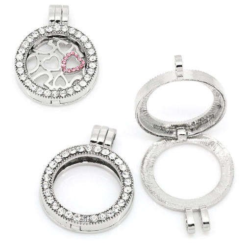 LIVING MEMORY - FLOATING CHARM - LOCKET PENDANT - ROUND - SILVER PLATED WITH RHINESTONES 3.6X2.8CM