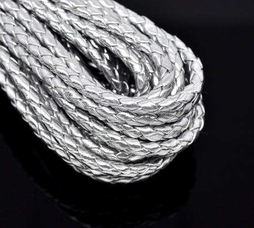 BRAIDED LEATHER CORD - LEATHEROID - ROUND - SILVER - 5mm - SOLD PER METER