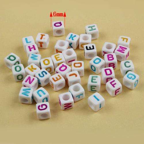 ACRYLIC - ALPHABET CUBIC BEADS - 6mm - BRIGHT COLORS ON WHITE BACKGROUND - RANDOMLY MIXED - 10 PCS