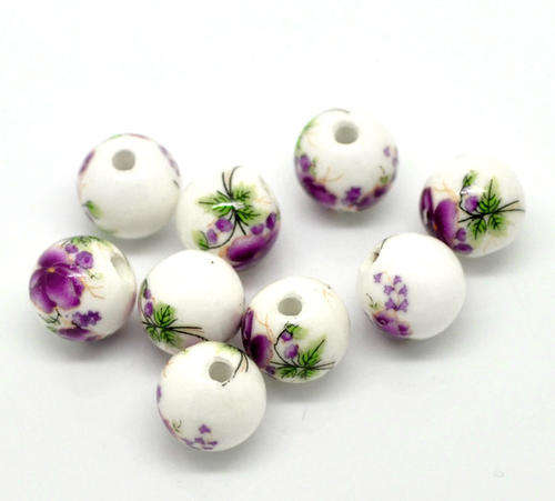 CERAMIC GLASS BEADS - WHITE WITH PURPLE AND GREEN FLOWER PATTERN - 12mm