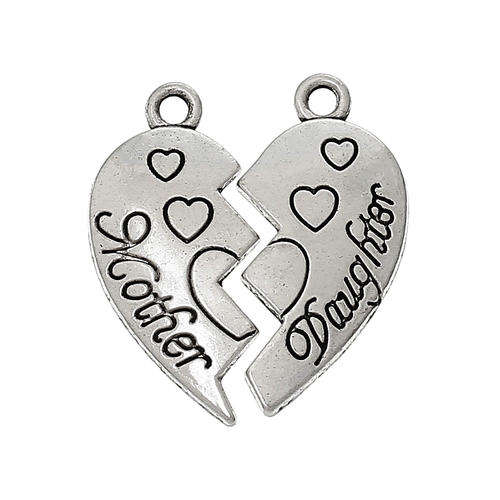 CHARMS -  ANTIQUE SILVER - HEART - "MOTHER DAUGHTER" - SOLD PER SET - 24 x11mm - 24x12mm