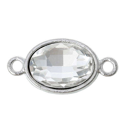 CONNECTORS - OVAL - SILVER TONE - FACETED - CLEAR RHINESTONE - 24.0mm x 13.0mm