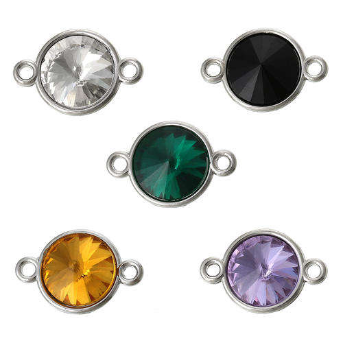 CONNECTORS - ROUND - SILVER TONE - FACETED - ASSORTED COLORS - RHINESTONE - 22.0mm x 15.0mm