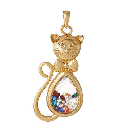 FLOATING GLASS - LOCKET PENDANT - CAT - GOLD PLATED - MULTICOLOR RHINESTONES - 6.1cm x 28.0m