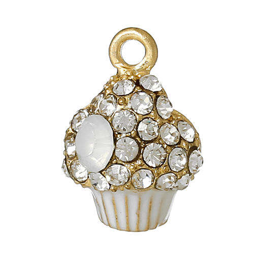 CHARMS - CUP CAKE - GOLD PLATED - WHITE ENAMEL - CLEAR RHINESTONES - 16x11mm
