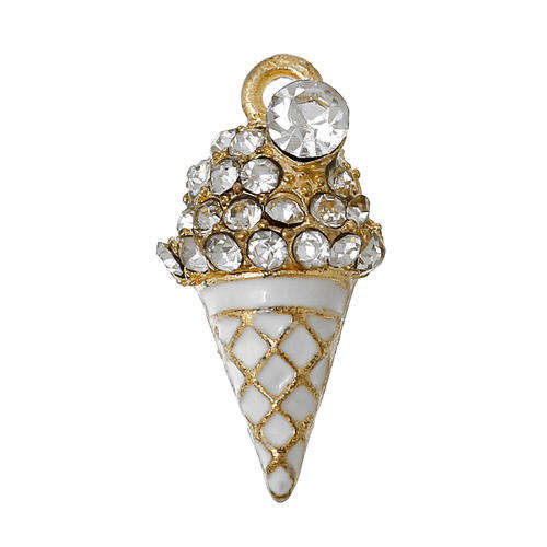 CHARMS - ICE CREAM CONE - GOLD PLATED - WHITE ENAMEL - CLEAR RHINESTONES - 22mm x 11mm