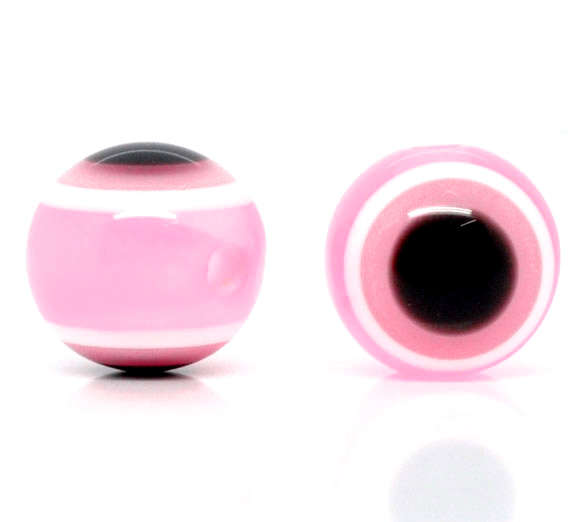 ACRYLIC - RESIN - PINK, BLACK AND WHITE - EVIL EYE - STRIPED ROUND BEADS - 10mm