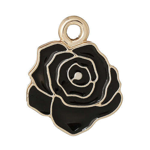 Rose Charm Pendants Gold Tone Black Enamel