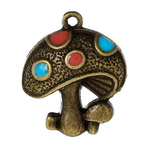 CHARMS - MUSHROOM - ANTIQUE BRONZE AND ENAMEL - PENDANTS - 23x19mm