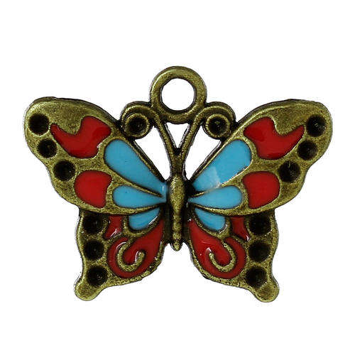 CHARMS - BUTTERFLY - ANTIQUE BRONZE AND ENAMEL - PENDANTS - 25mm x 19mm