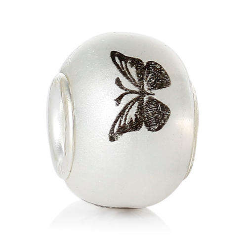 EUROPEAN STYLE - 925 SILVER CORE - GLASS BEADS - SOLID WHITE WITH BLACK BUTTERFLY