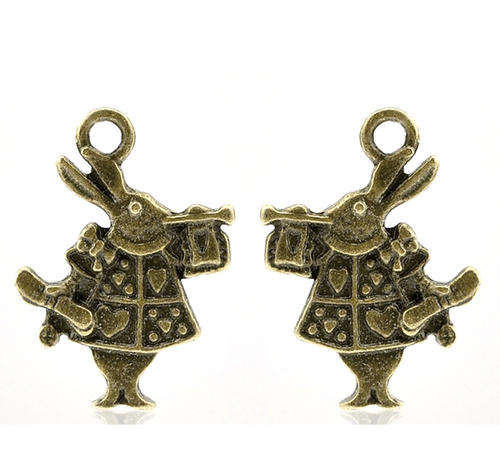CHARMS - ANTIQUE BRONZE - DOUBLE SIDED - ALICE IN WONDERLAND RABBIT - PENDANTS - 19x14mm
