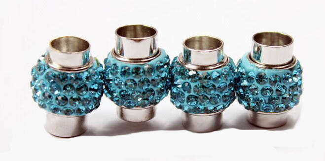 MAGNETIC CORD END CLASPS WITH AQUA BLUE CRYSTAL RHINESTONES - FITS 7mm CORDS