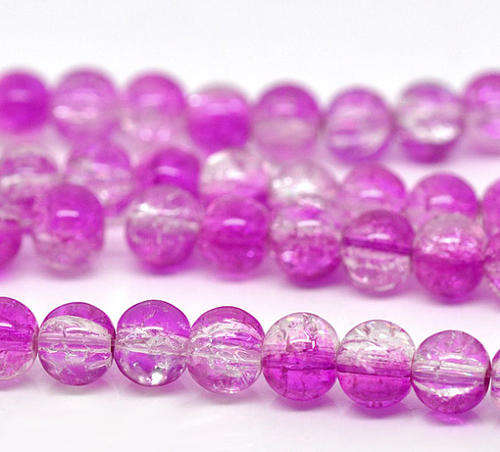 GLASS BEADS - LOOSE - ROUND - ROSE FUCHSIA AND CLEAR CRACKLE - 10mm - 50 PCS