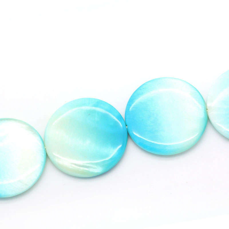 SHELL BEADS - FLAT - ROUND - BLUE AND WHITE - 30mm - SOLD PER BEAD