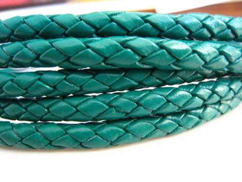 BRAIDED PU LEATHER CORD - TURQUOISE GREEN - ROUND - 7mm - SOLD PER METER