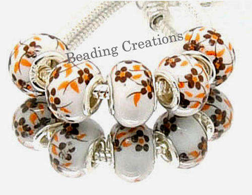 EUROPEAN STYLE - 925 SILVER CORE - CERAMIC GLASS BEADS - WHITE WITH BROWN FLORAL DESIGN