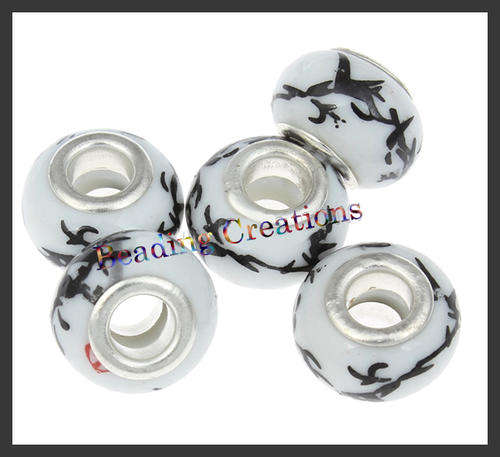 925 SILVER CORE - EUROPEAN STYLE - CERAMIC GLASS BEADS - WHITE WITH BLACK BAMBOO DESIGN