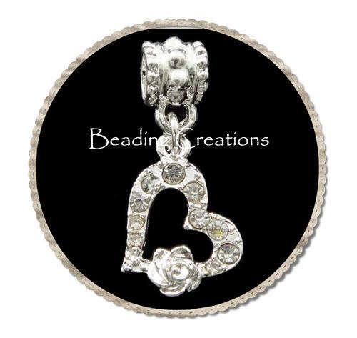EUROPEAN STYLE - SILVER - HEART WITH RHINESTONE AND ROSE - DANGLE CHARMS