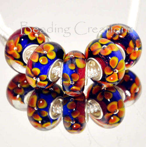 925 SILVER CORE - MURANO GLASS BEADS - SEASCAPE INNER FLOWER RED YELLOW ROYAL BLUE