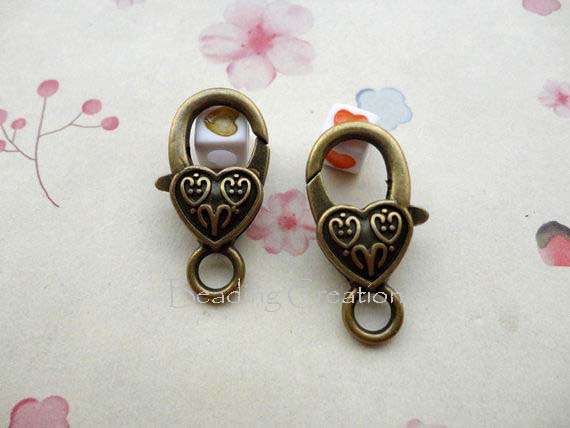 LOBSTER CLASPS - FANCY HEART - ANTIQUE BRONZE - 15x26mm - SOLD PER CLASP