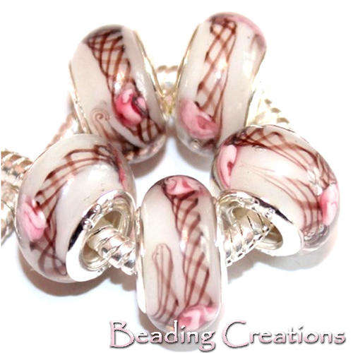 EUROPEAN STYLE - 925 SILVER CORE - MURANO GLASS BEADS - CLEAR WHITE, LIGHT BROWN & PINK INNER DESIGN
