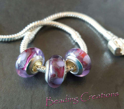 EUROPEAN STYLE - 925 SILVER CORE - OOAK MURANO GLASS SEASCAPE BEADS - GRAPE, LILAC AND PINK