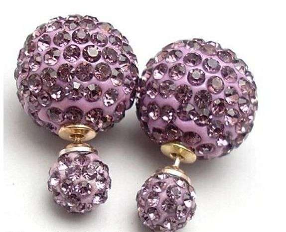 EARRINGS - SILVER SHAMBALLA LILAC RHINESTONE DOUBLE BALL STUD