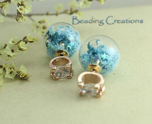EARRINGS - CLEAR GLASS BALL DOUBLE SIDED STUD - STARS BABY BLUE AB