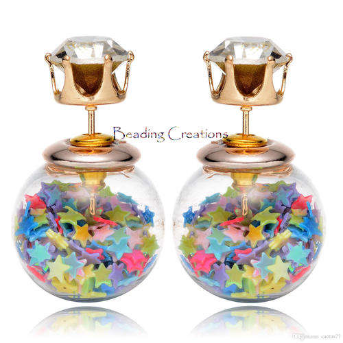 EARRINGS - CLEAR GLASS BALL DOUBLE SIDED STUD - STARS MULTI COLOR