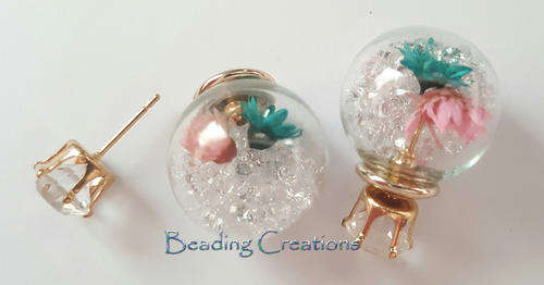 EARRINGS - CLEAR GLASS BALL DOUBLE SIDED STUD - DRIED FLOWERS AND CRYSTALS BABY PINK AND TURQUOISE
