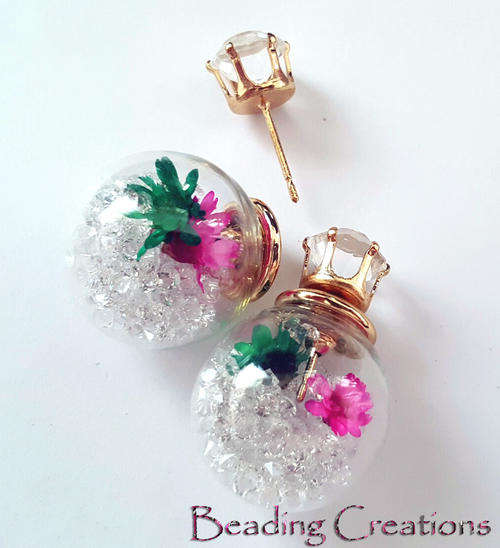 EARRINGS - CLEAR GLASS BALL DOUBLE SIDED STUD - DRIED FLOWERS AND CRYSTALS HOT PINK AND TURQUOISE