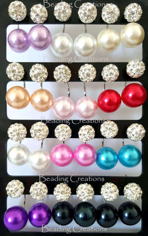 EARRINGS SILVER SHAMBALLA RHINESTONE & IMITATION PEARL DOUBLE BALL U-SHAPED STUD