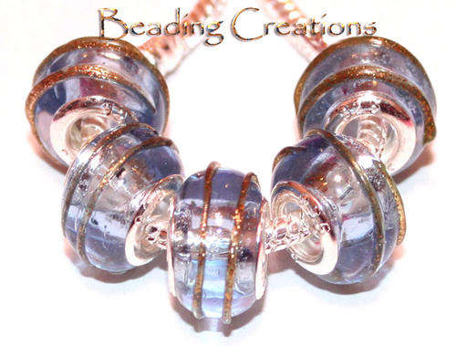 EUROPEAN STYLE - 925 SILVER CORE - MURANO GLASS BEADS - CLEAR BLUE WITH GOLD DUST STRIPES
