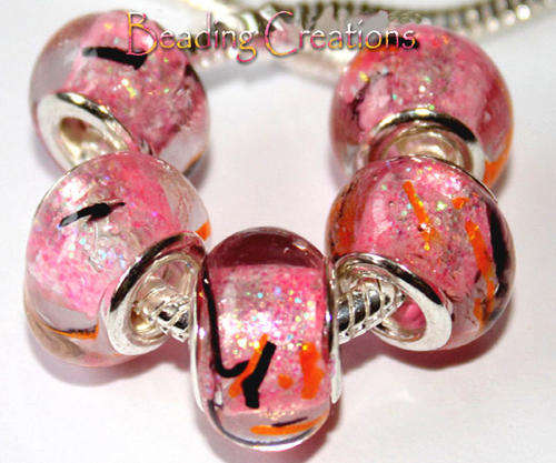 EUROPEAN STYLE - 925 SILVER CORE - MURANO GLASS BEADS - CLEAR BABY PINK AND GOLD DUST