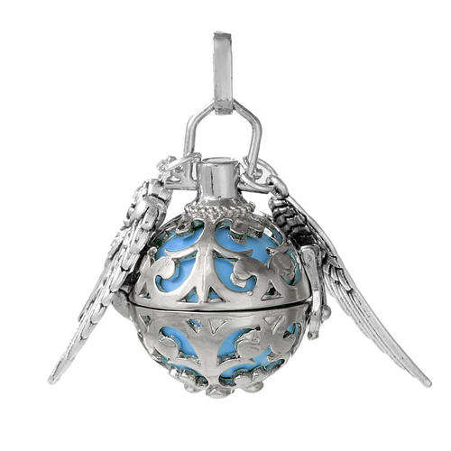 MEXICAN ANGEL CALLER - BOLA - HARMONY WISH BOX PENDANT - SILVERTONE - 18mm SKY BLUE BALL - 3.6x2.8cm