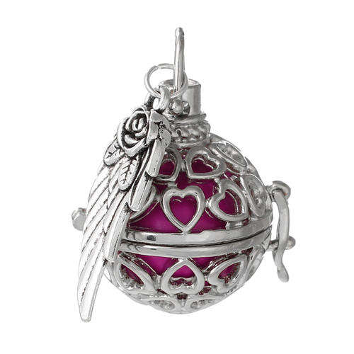 MEXICAN ANGEL CALLER - BOLA - HARMONY WISH BOX PENDANT - SILVERTONE - 18mm FUCHSIA  BALL - 4x2.5cm