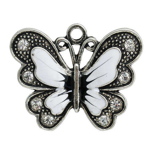 CHARMS -  ANTIQUE SILVER - WHITE ENAMEL - BUTTERFLY - PENDANTS - 34x27mm