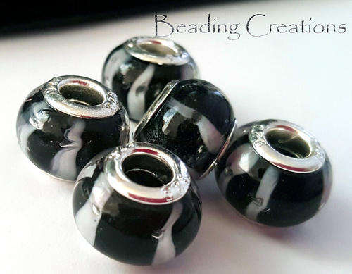 EUROPEAN STYLE - 925 SILVER CORE - MURANO GLASS BEADS - CLEAR WITH BLACK AND WHITE STRIPES