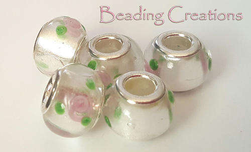 EUROPEAN STYLE - 925 SILVER CORE - MURANO GLASS BEADS - CLEAR WHITE WITH PINK INNER ROSE