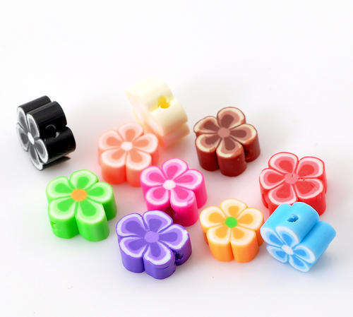 POLYMER CLAY - ASSORTED - MULTICOLOR - FLOWER  BEADS - 7-10mm - 5 PCS