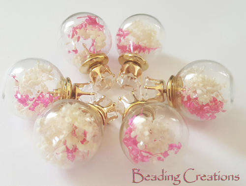 EARRINGS - CLEAR GLASS BALL DOUBLE SIDED STUD - DRIED FLOWERS HOT PINK AND WHITE