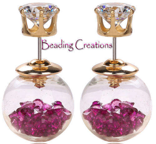 EARRINGS - CLEAR GLASS BALL DOUBLE SIDED STUD - AB CRYSTALS - GRAPE