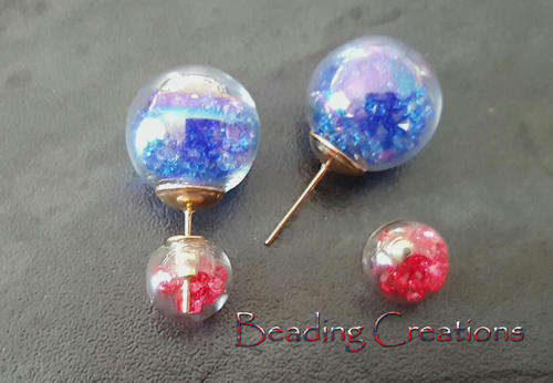 EARRINGS - CLEAR DOUBLE GLASS BALL STUD - MIDNIGHT BLUE AND RED